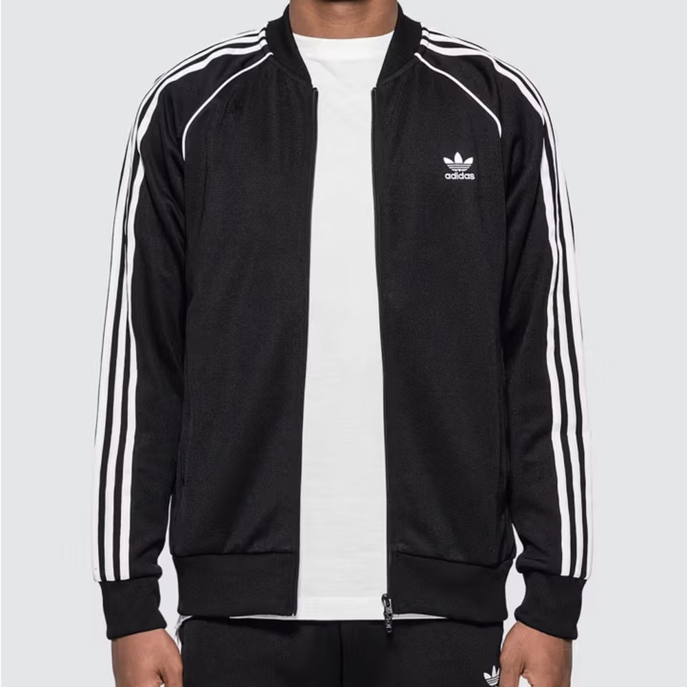 Adidas Men's Black Bomber Jacket with White Stripes